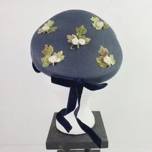 Vtg Original Touster Teentype Women\'s 3D Floral Blue Wicker Calot Hat Velvet Bow m_63f260978bb2e29654ad0277.jpeg main image 3